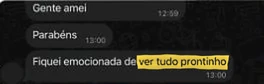 Print de conversa no WhatsApp com a mensagem da cliente: “Fiquei emocionada de ver tudo prontinho” (cliente da Curva)